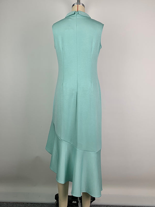 Bodycon Sleeveless Asymmetric Pleated Ruffle Trim Solid Color Split-Joint Mock Neck Midi Dresses