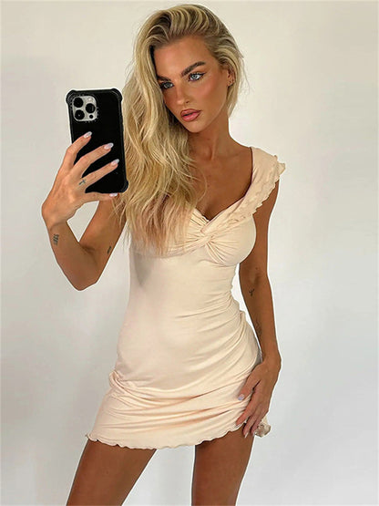 Tossy V-Neck Twist Backless Mini Dress – Ruffled Slim Patchwork Summer Casual Solid Bandage Dress for Women