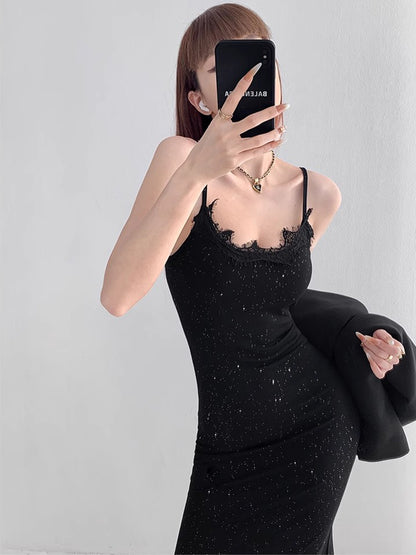 Sequins Bodycon Dress Women Summer 2024 Sleeveless Backless Sexy Outfits Party Club Sundress Black Birthday Midi Dresses Clothes