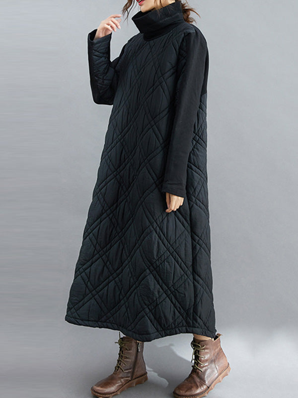 Simple Split-Joint High-Neck H-Line Quilted Midi Dress