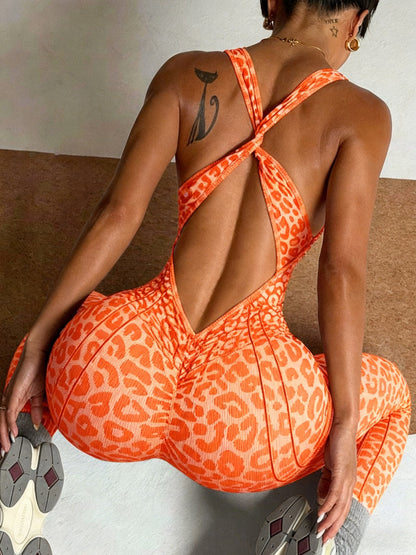 Leopard Print Cross Link Seamless Yoga Clothes Fitness Jumpsuits