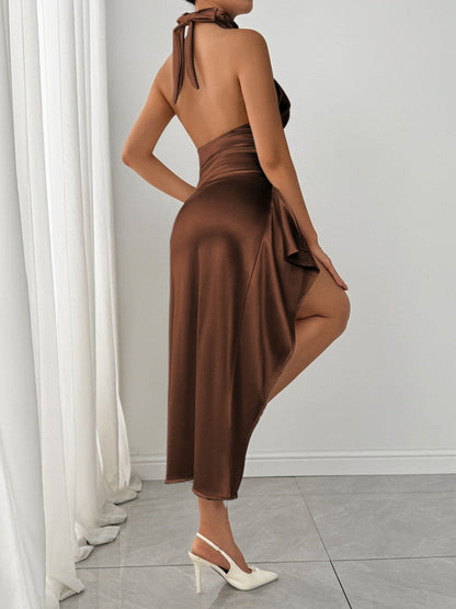 Satin High Fork Crew Neck Halter Backless Pleated Long Dress