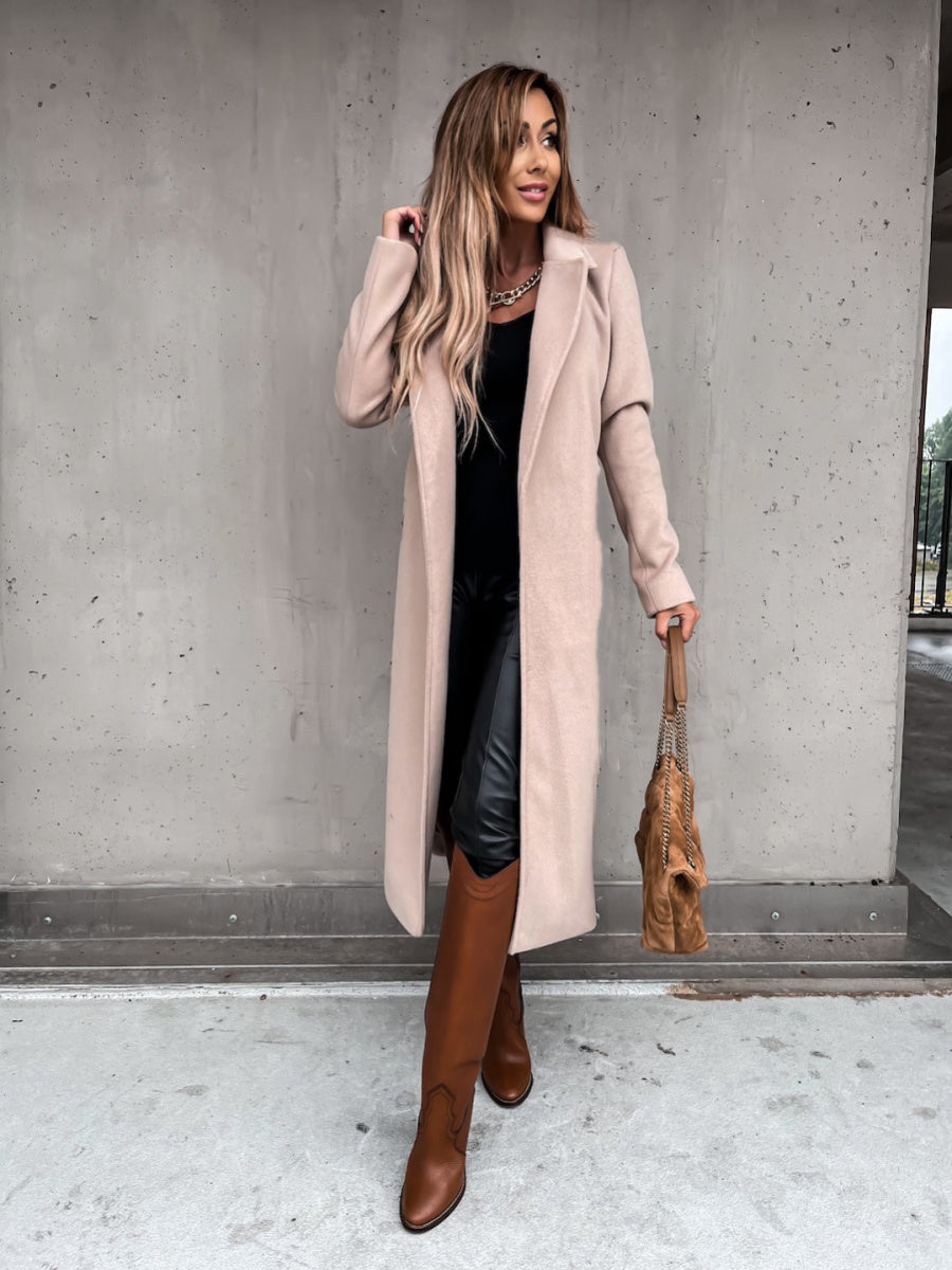 Solid Color Lapel Long Sleeve Woolen Simple Tie Coats