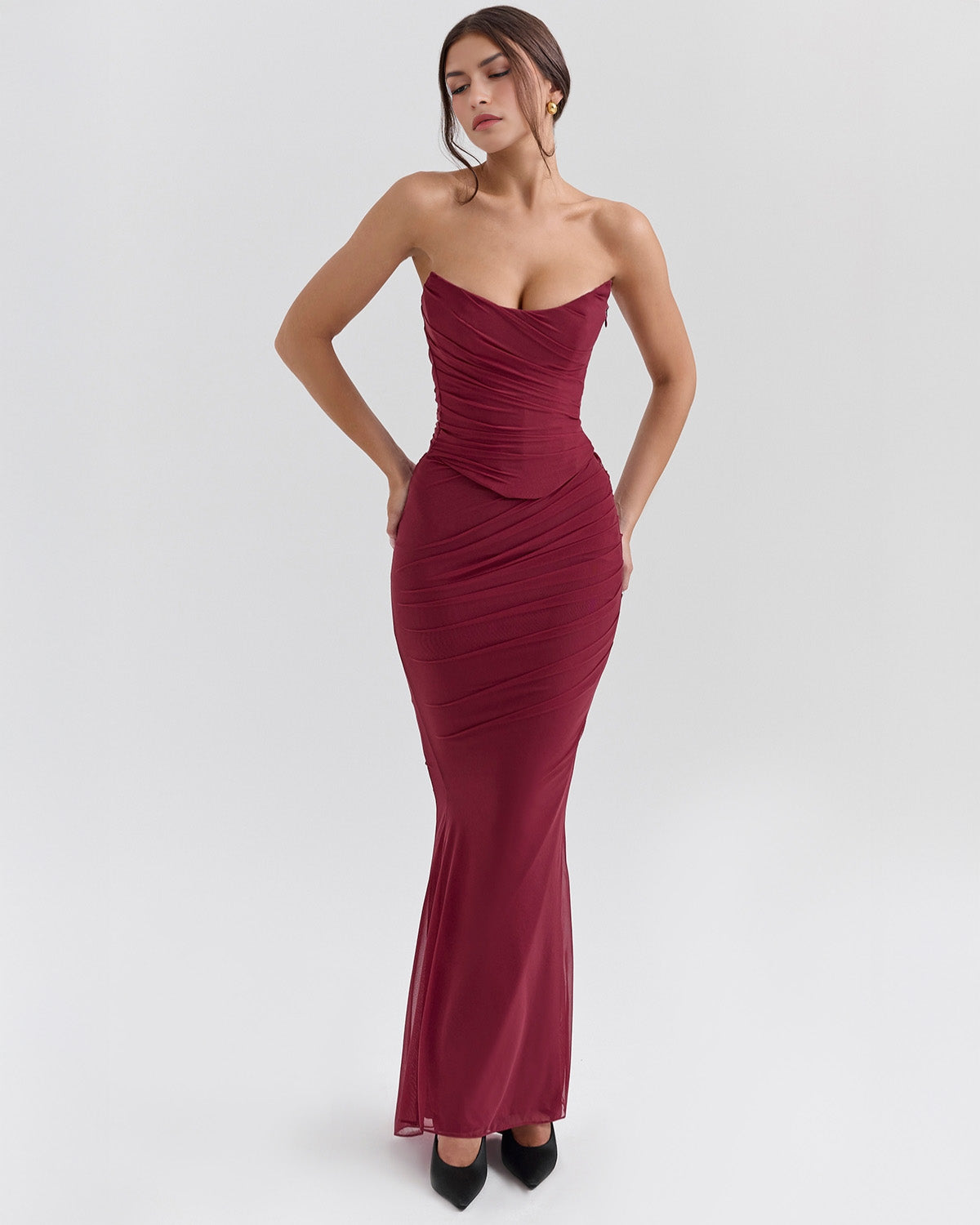Strapless Corset Ruched Mesh Overlay Mermaid Maxi Dress with Neck Scarf
