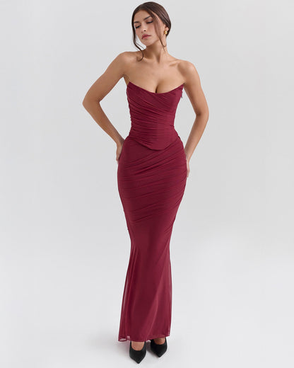Strapless Corset Ruched Mesh Overlay Mermaid Maxi Dress with Neck Scarf