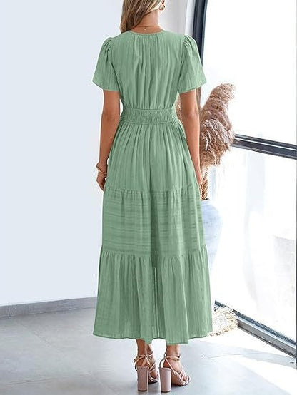 V-neck, Gathered, Puff Sleeve, Full Skirt, Short-sleeved Long Dress
