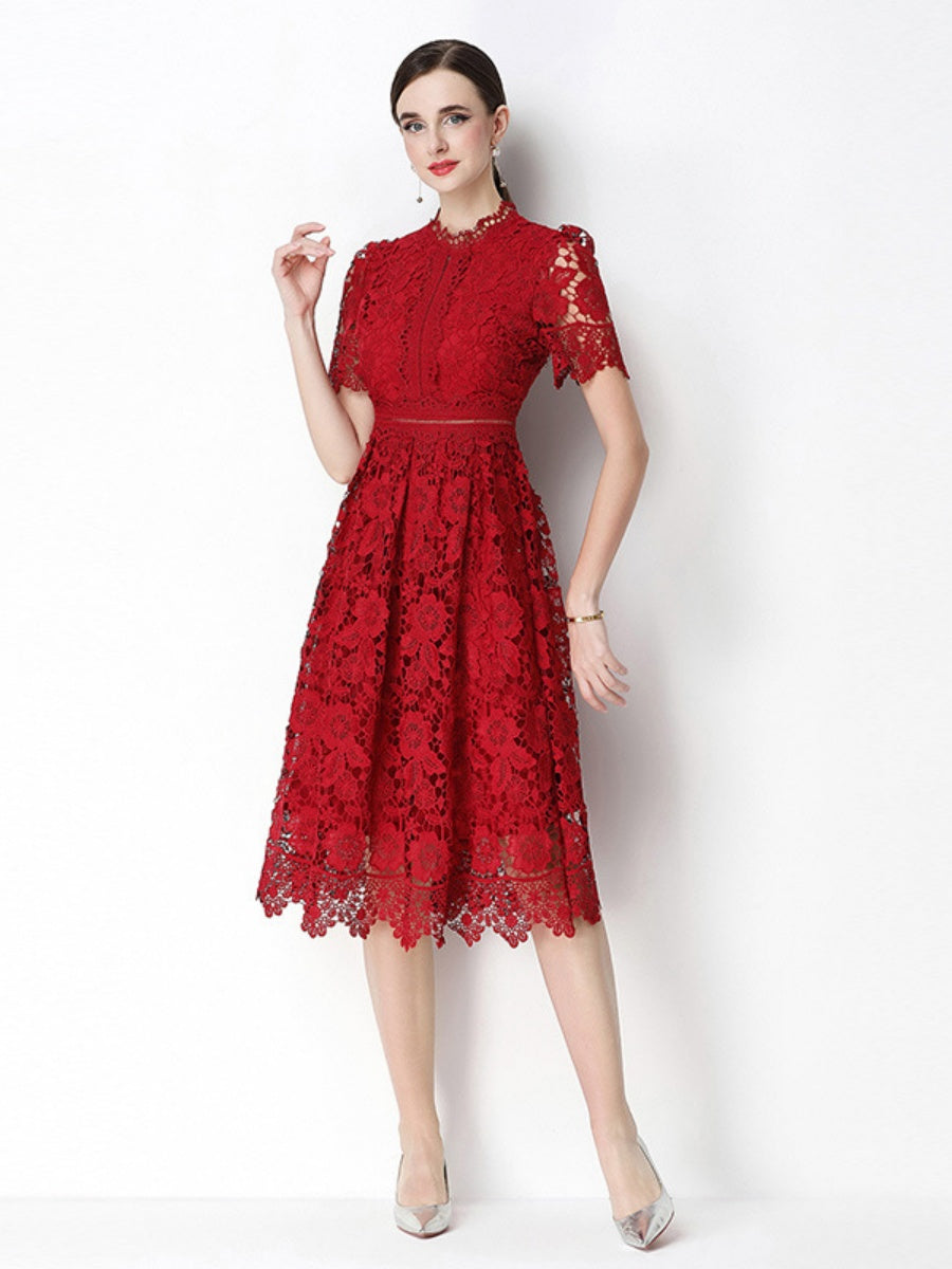 Hollow-out Water-soluble Lace Midi Dress