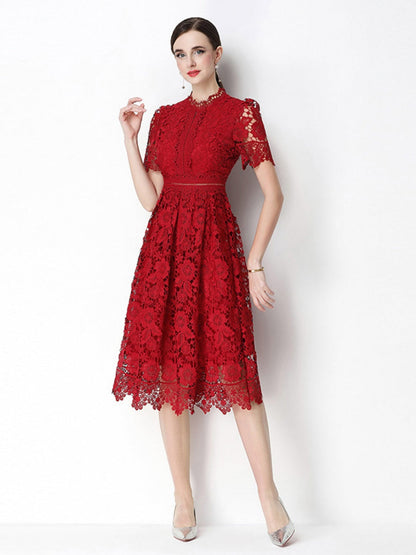 Hollow-out Water-soluble Lace Midi Dress