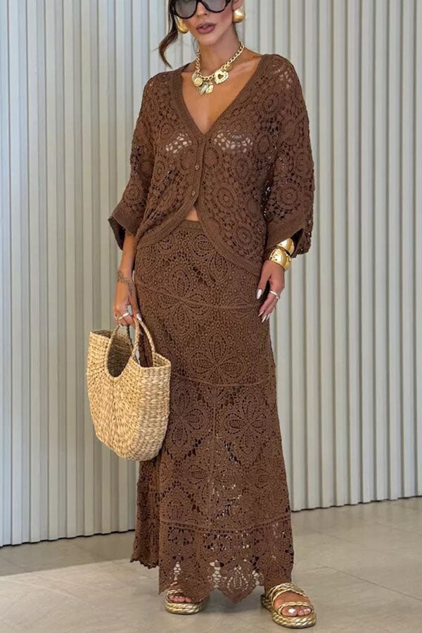 Anina Knit Crochet Cutout High Rise Elastic Waist Maxi Skirt