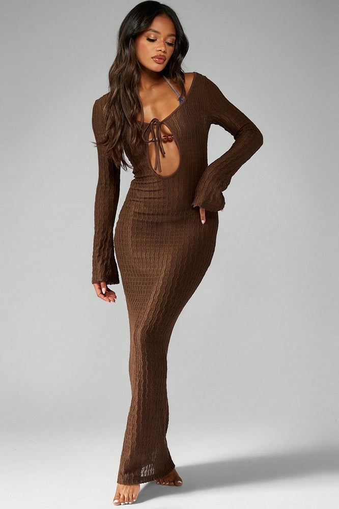 Scoop Neck Keyhole Tie Front Bell Cuff Crinkle Knit Bodycon Maxi Dress