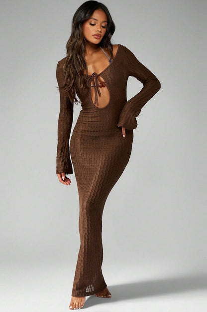 Scoop Neck Keyhole Tie Front Bell Cuff Crinkle Knit Bodycon Maxi Dress