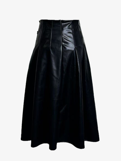 Black Vintage Pleated Faux Leather Midi Skirt With Double Buckle For Women 2026