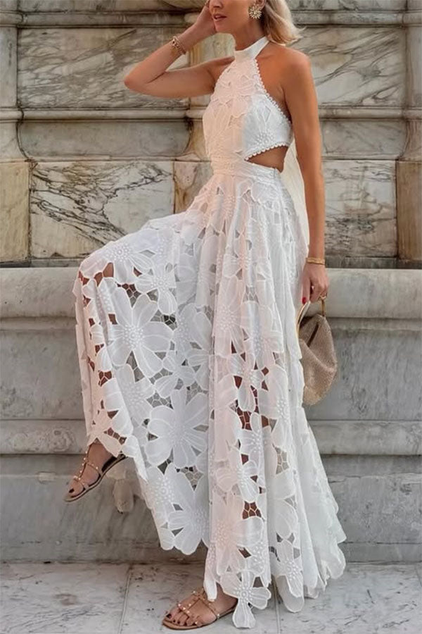 Sevilla Sun Embroidery Crochet Flowers Cutout Waist Halter Backless Maxi Dress
