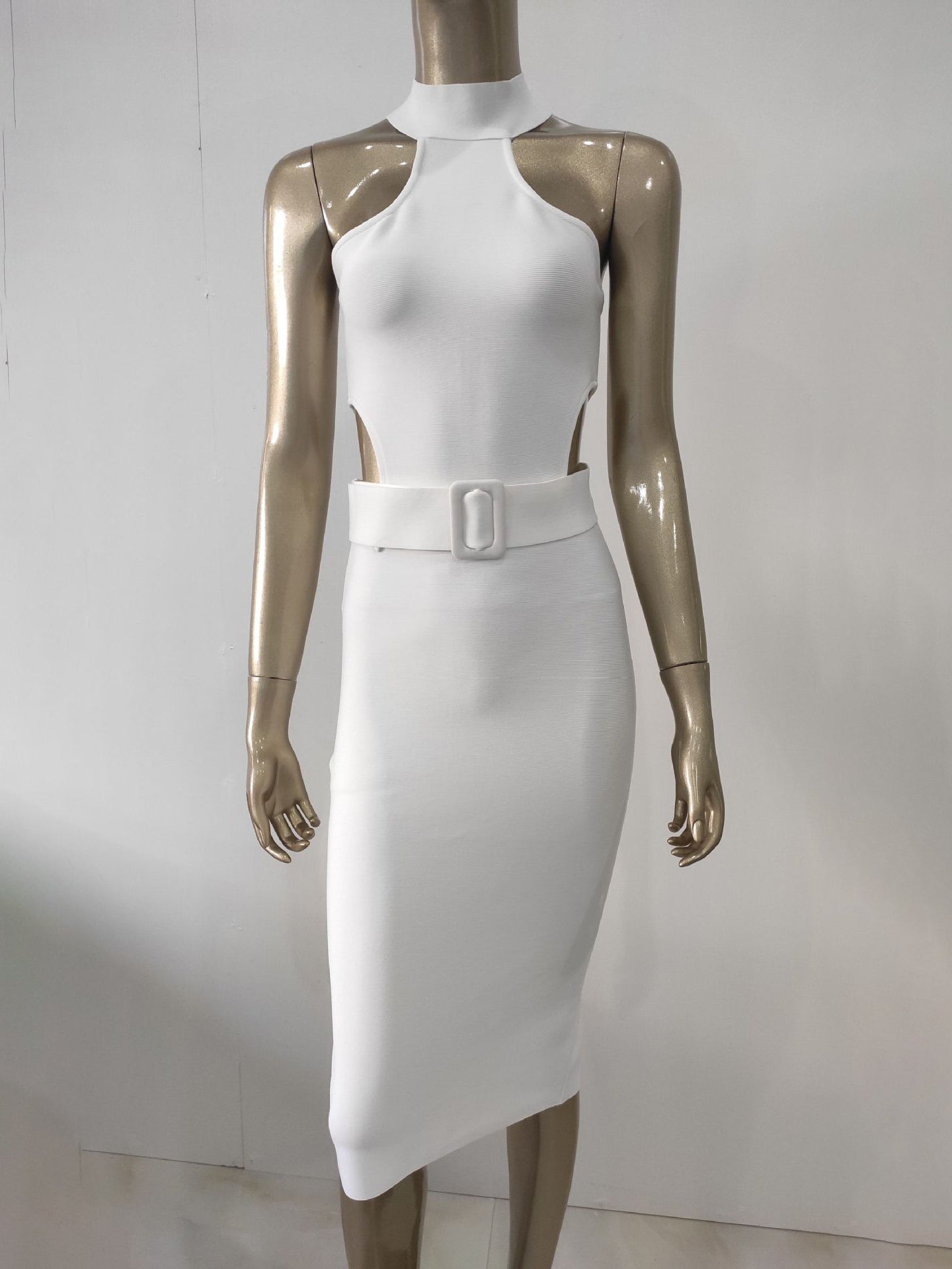 Textured Bodycon Dress Halter Sleeveless Cutout Velted Party Midi Dresses