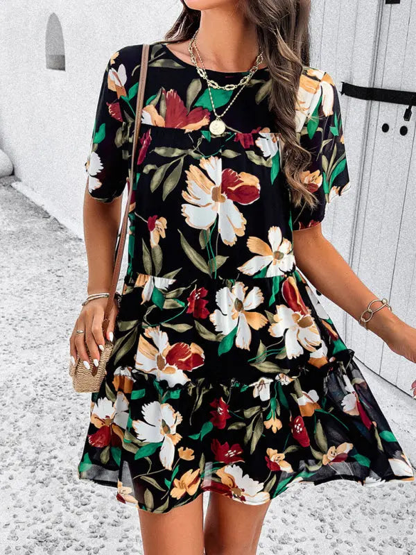 Botanical print short-sleeved tiered mini dress