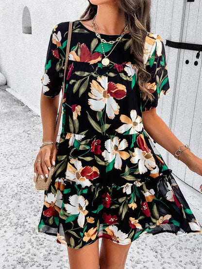 Botanical print short-sleeved tiered mini dress