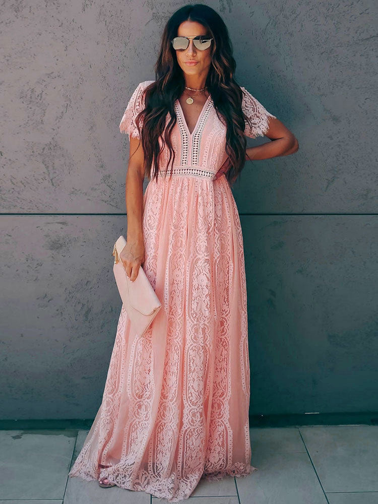 V-Neck Maxi Dress Short Sleeves Casual Long Dress