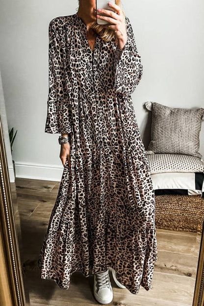 Big Cat Spot Print Mandarin Collar Button-Front Tiered Trumpet Sleeve Maxi Dress