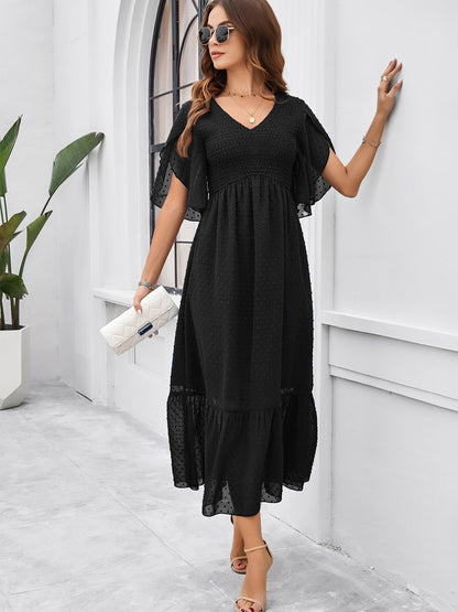 Party Dress Tiered Pleated V-Neck Summer Stylish Casual Midi Dresses