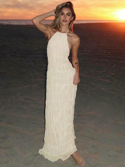 Halter Neck Pleated Maxi Dress for Women - Boho Ruched Backless Sleeveless Tiered Long Sundress - Summer Beach Event 2026