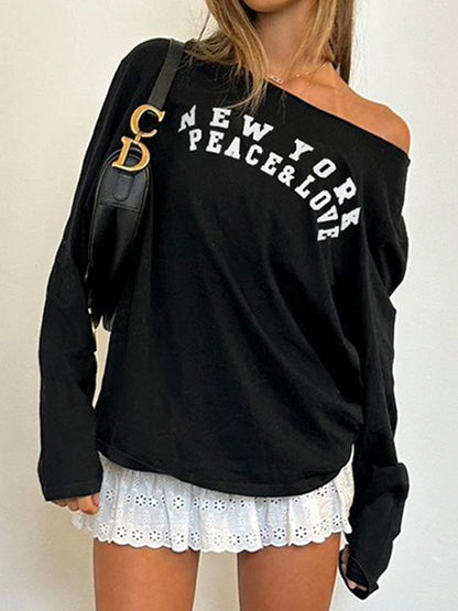 Retro Letter Print Oversized Long Sleeve Tee
