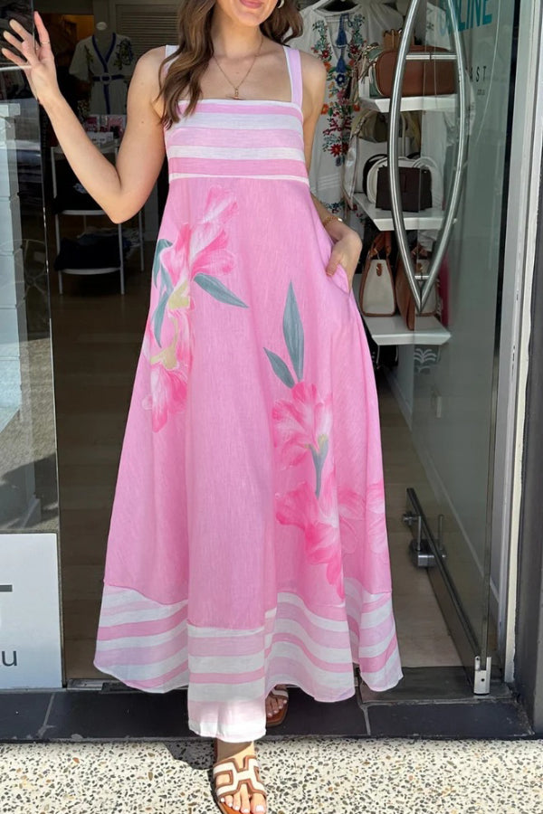 Floral Print Sleeveless Square Neck Casual Pocket Holiday Maxi Dress