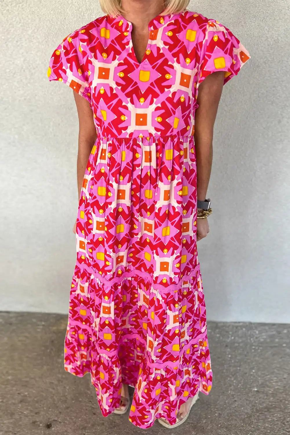 vibrant strawberry pink geo print maxi dress
