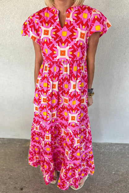 vibrant strawberry pink geo print maxi dress