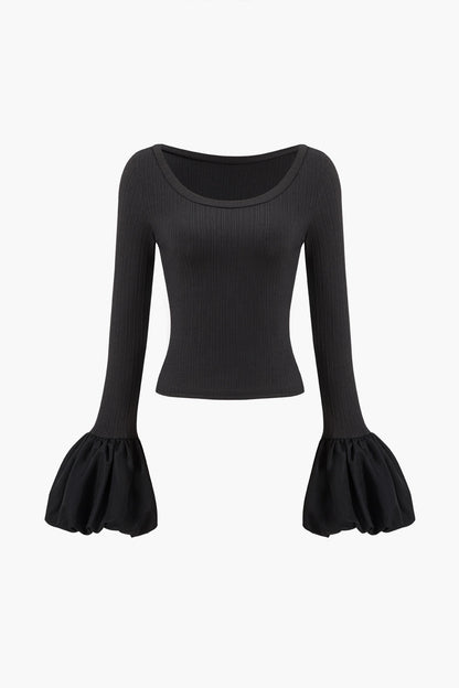 Puff Sleeve Patchwork Long-Sleeve Top