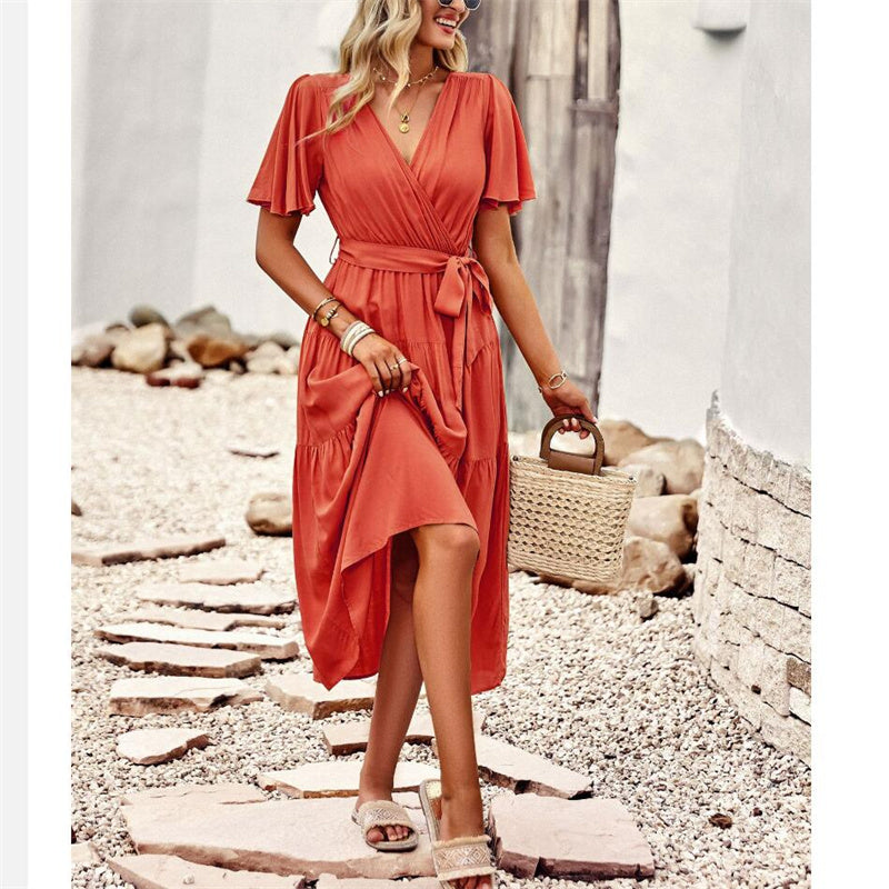 Solid Color High Waisted V-Neck Maxi Dress for All Occasions