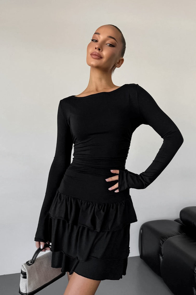 Bateau Neck Long Sleeve Ruched Tiered Ruffle Mini Dress