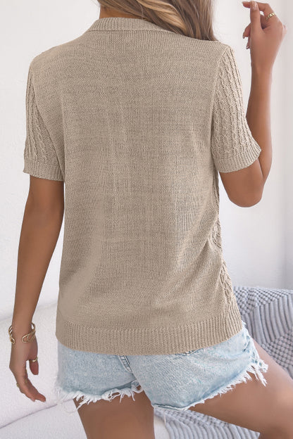 Solid Color Openwork Round Neck Short-sleeved Knit Cardigan