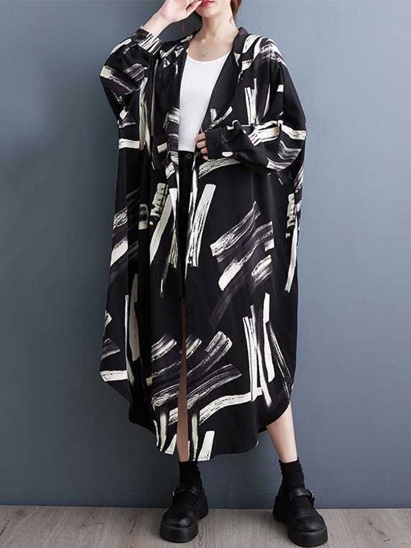 Long Sleeves Loose Buttoned Hooded Printed Midi Dresses Outerwear