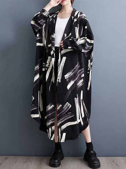 Long Sleeves Loose Buttoned Hooded Printed Midi Dresses Outerwear