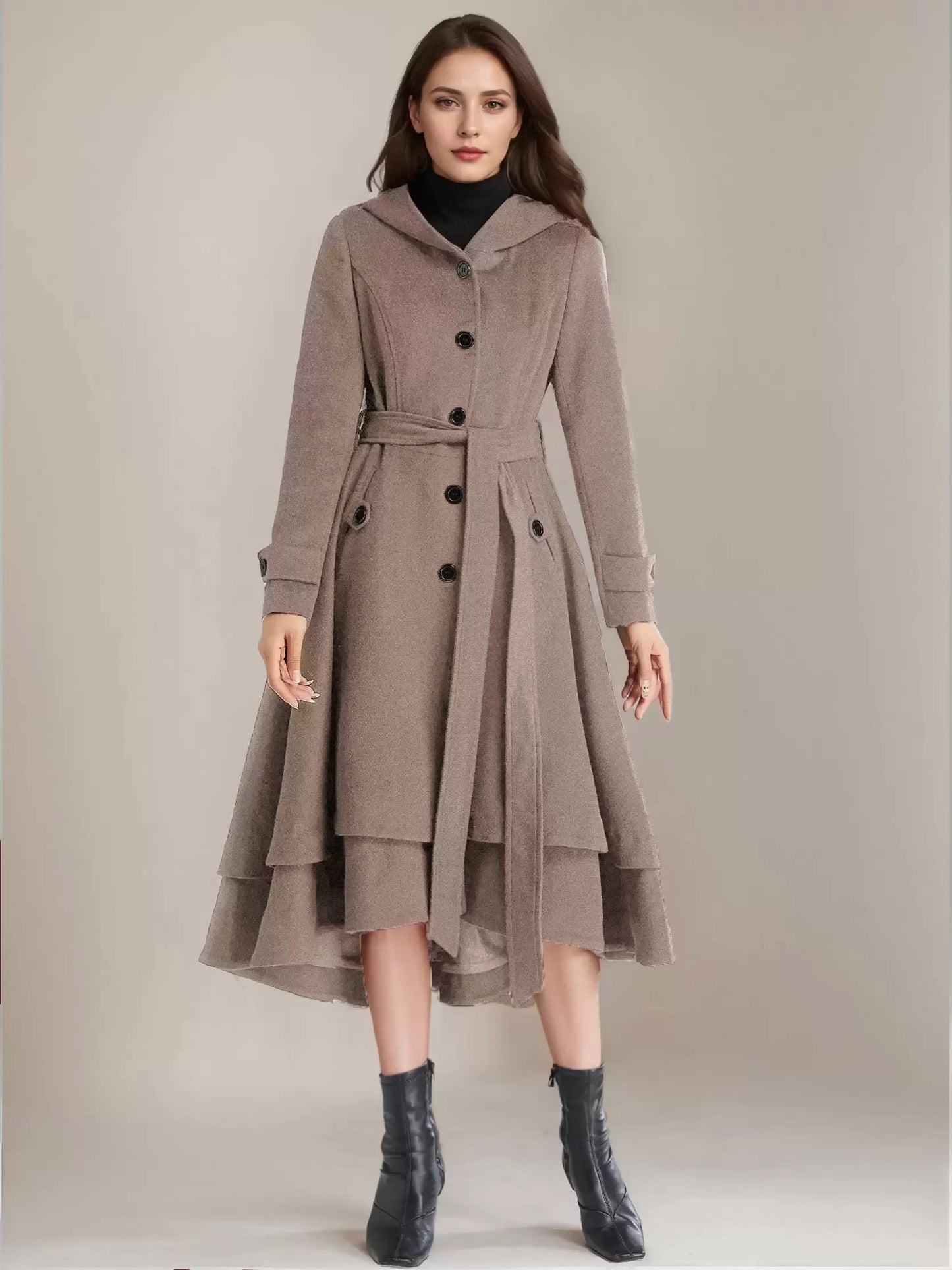Woolen Flared Coat For Woman Hooded Belted A-line Vintage Winter Midi Outerwear 2026