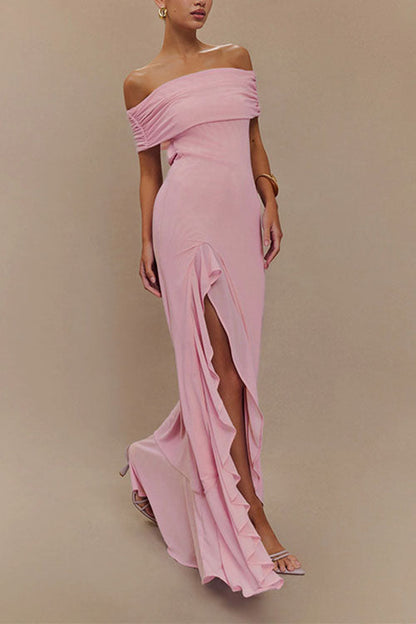 Off Shoulder Back Cut Out Ruffle Slit Maxi Dress