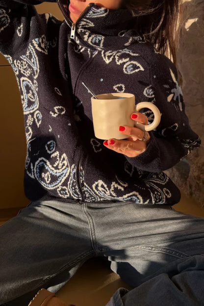 Fashionable Jacquard Turtleneck Long-sleeved Casual Zip-up Pocket Knit Top