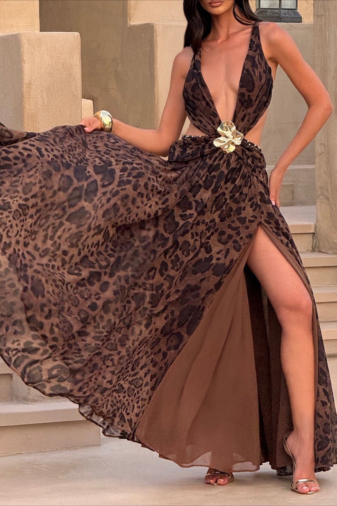 Chiffon Deep V-Neck Waist Cut Out Butterfly Buckle Chain Belt High Split Maxi Dress
