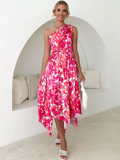 Summer Midi Dress Light Sky Blue Asymmetrical Neck Pleated Printed Spandex Beach Dress