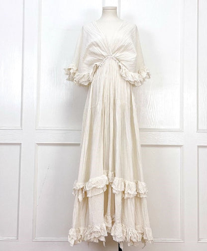 Tailande Linen Maxi Dress – V-Neck Ruffle Goddess Gown with 10-Meter Full Hem
