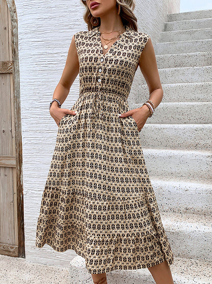 A-Line High Waisted Buttoned Drawstring Pockets Printed Split-Joint V-Neck Midi Dresses