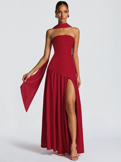 Strapless, Fitted, Solid Color, Open Back, Elegant Long Dress With Ribbons