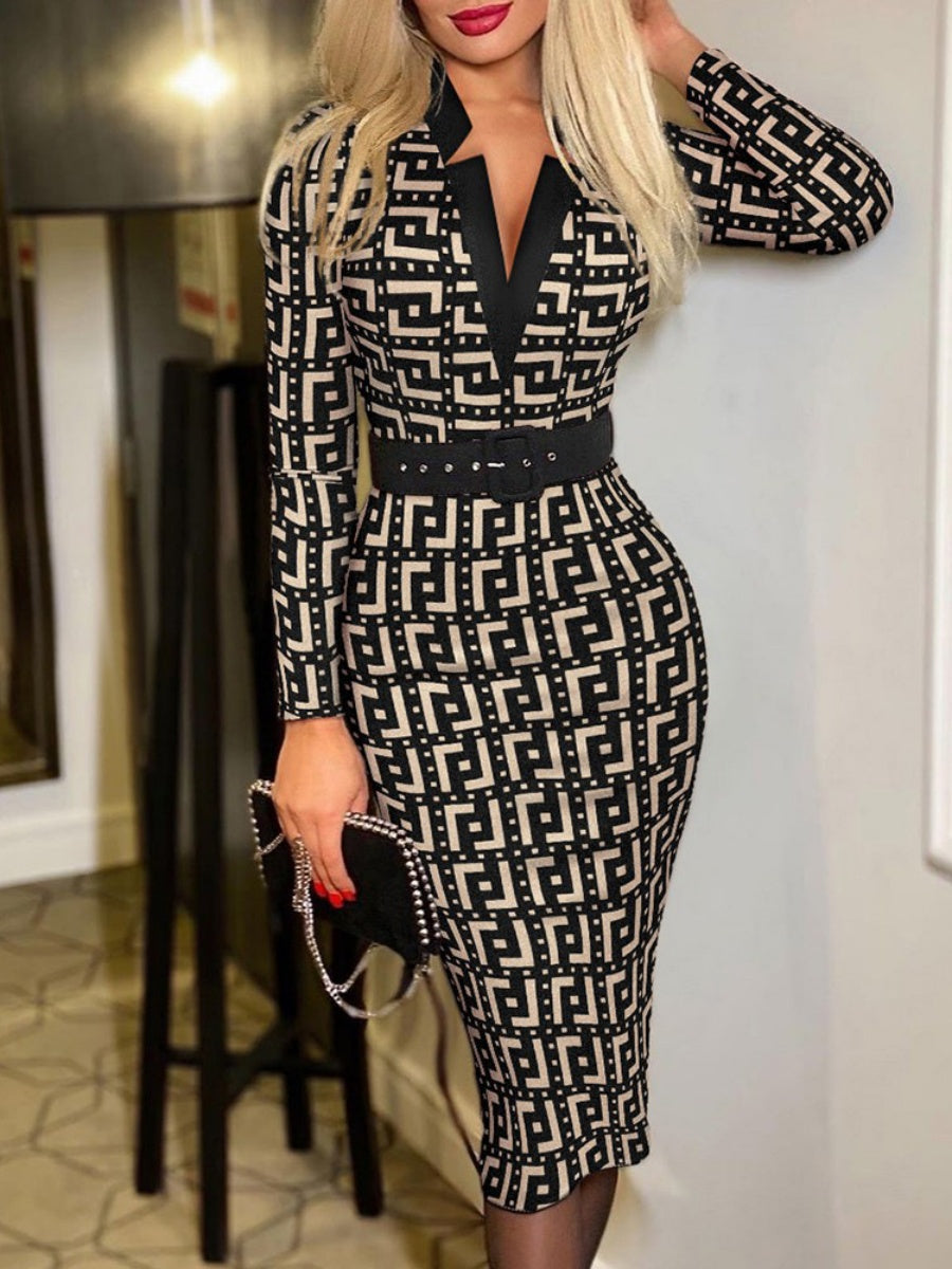 V-neck Hip-hugging Belts Plaid Midi Dresses
