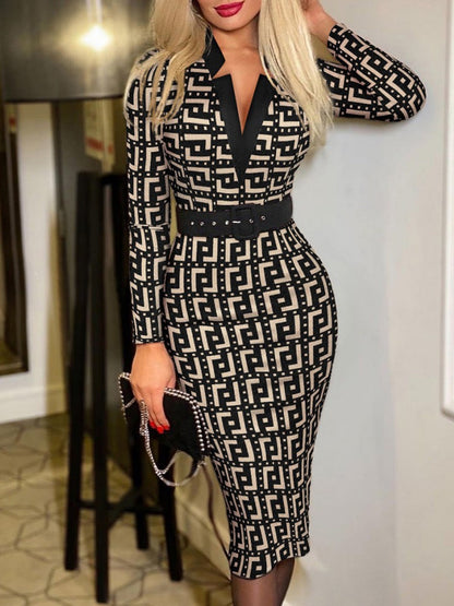 V-neck Hip-hugging Belts Plaid Midi Dresses
