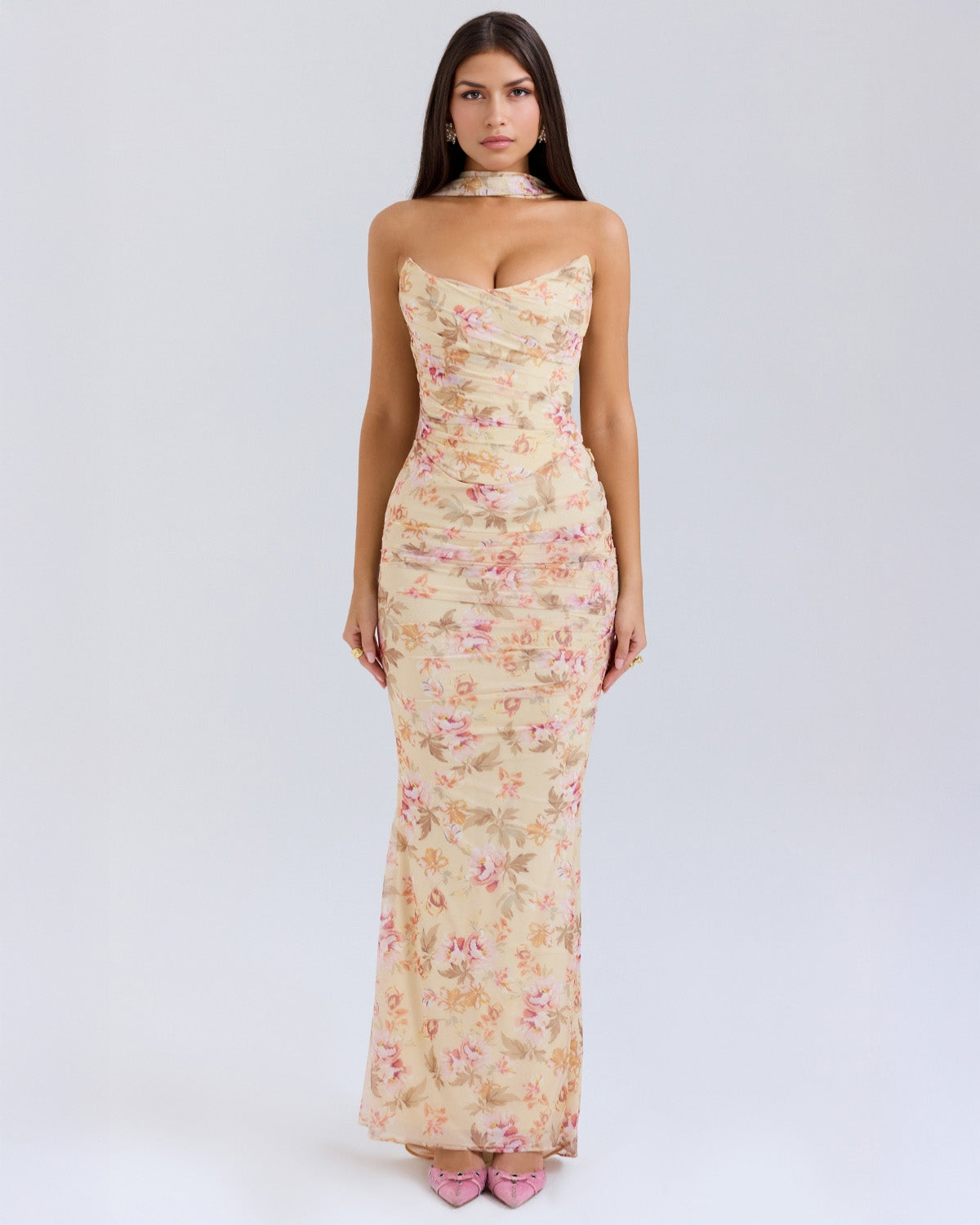 Strapless Corset Ruched Garden Floral Print Choker Neck Maxi Dress