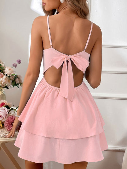 Pure Cotton Backless Bow Tie Mini&Short Dresses