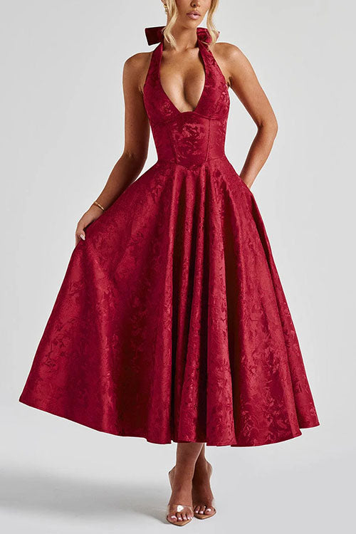 Margovil Halter V Neck Waisted Jacquard Swing Midi Party Dress