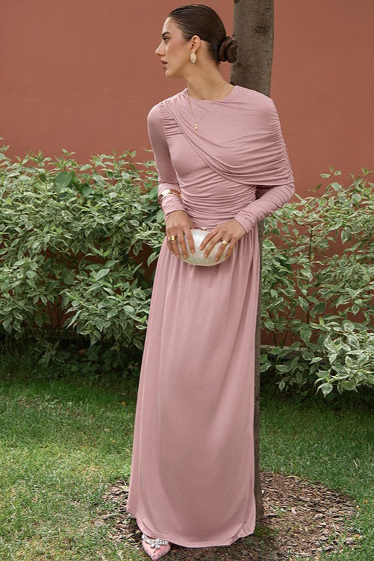 | Ruched High Waist Long Sleeve Maxi Dress