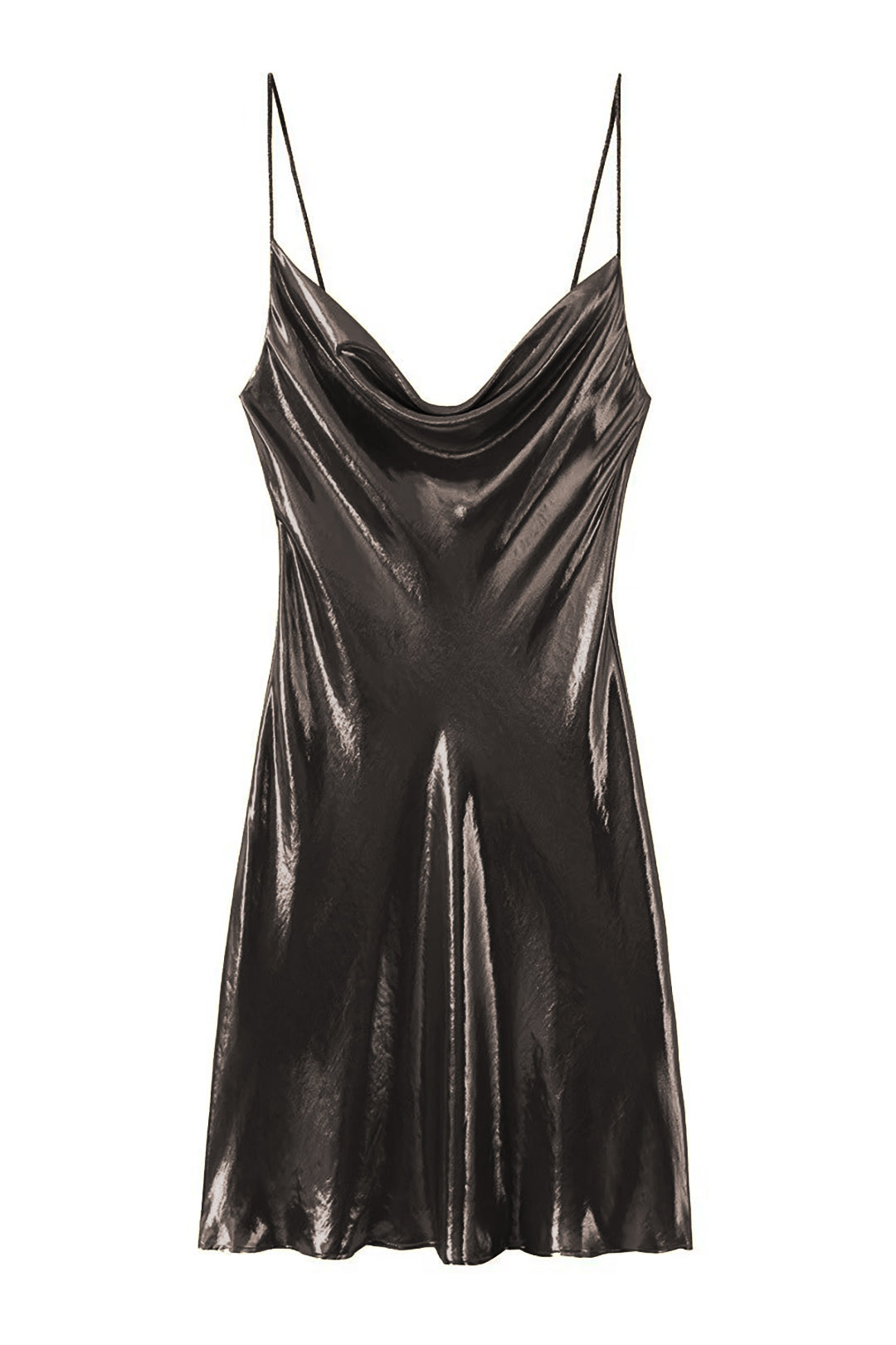Cowl Neck Spaghetti Strap Metallic Satin Slip Mini Dress
