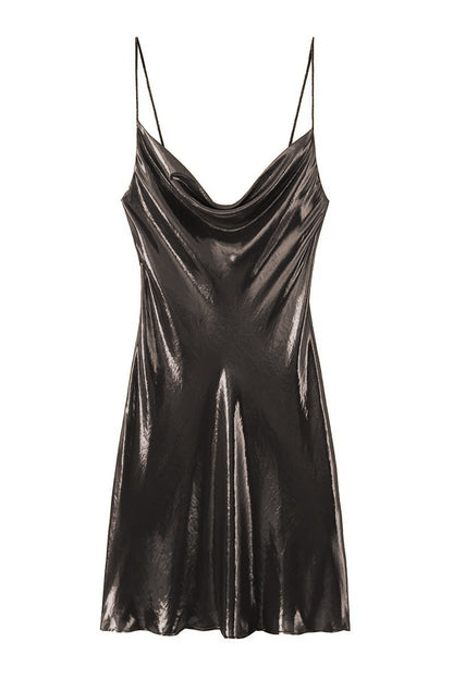 Cowl Neck Spaghetti Strap Metallic Satin Slip Mini Dress